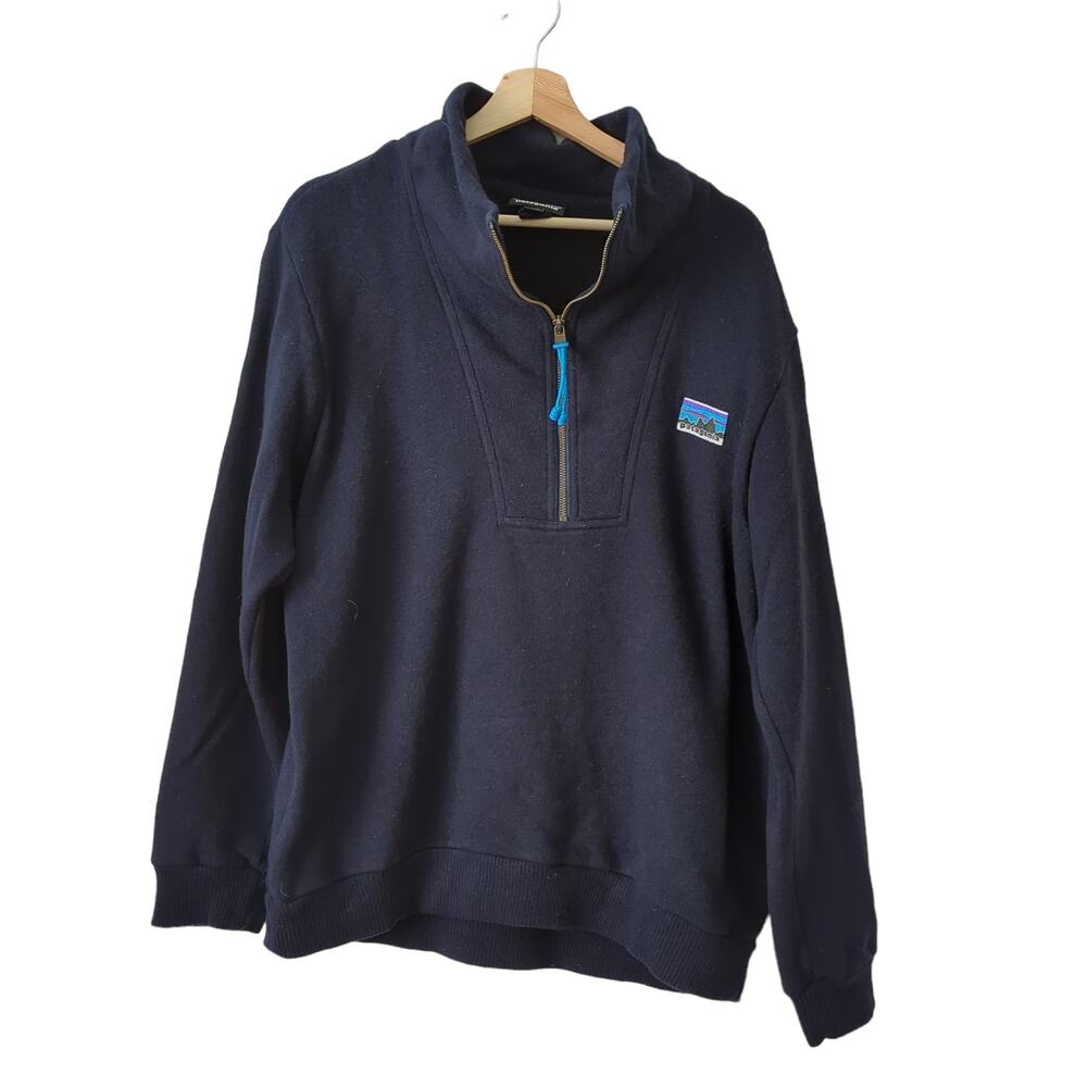 Patagonia Mens Woolie Fleece Pullover Sweater Navy Blue Heavy Wool Cotton L RARE